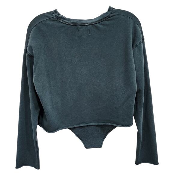 Aerie Sunset Terry Fleece Long Sleeve Sweatshirt Crop Raw Hem Dark Green Size XS - Picture 3 of 10